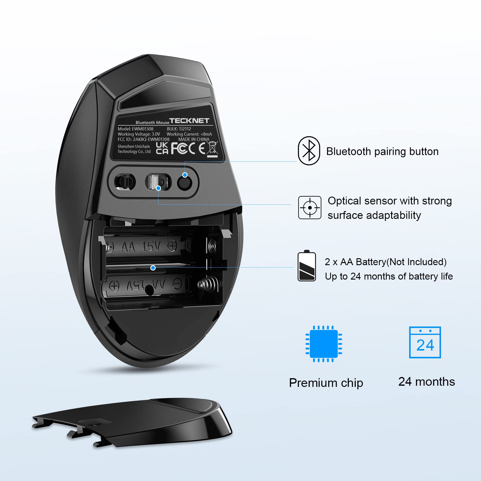 TECKNET Bluetooth Mouse, 4800 DPI Wireless Mouse, 2-Year Battery 6 Adjustable DPI, 6 Buttons Compatible with Laptop/Windows/Computer - Black - Image 7