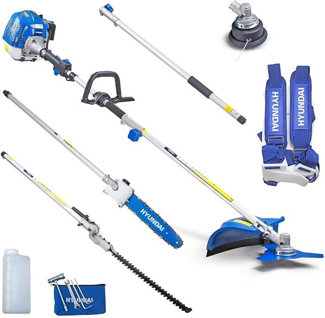 Hyundai 5 Gifts in 1, 52cc Long Reach Petrol Garden Multi Tool with 430mm Grass Trimmer, 425mm Hedge Trimmer, 10" Chainsaw, Brushcutter, 2-Stroke with 3 Year Warranty
