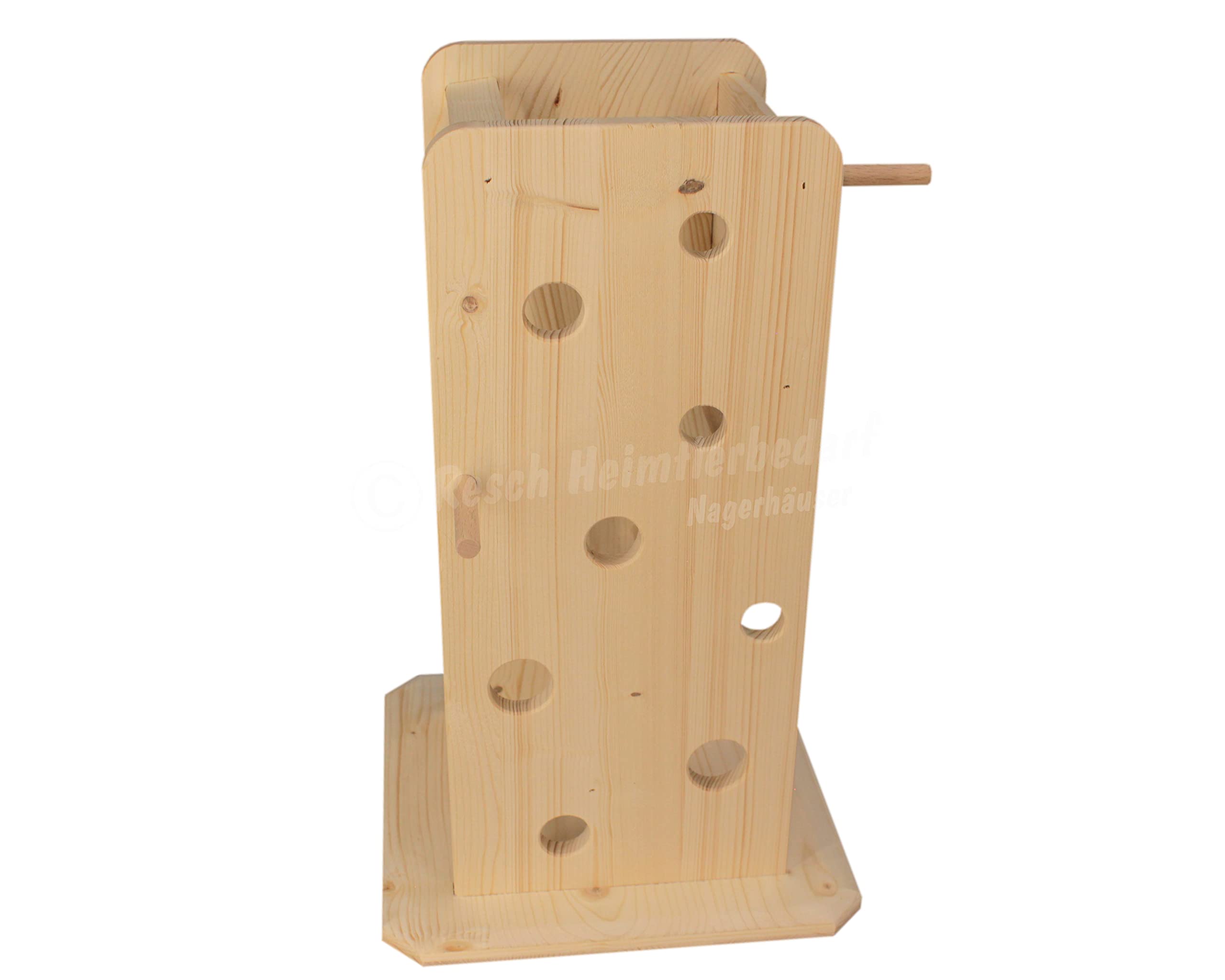 Resch Nr43 Futterturm, naturbelassenes Massivholz aus Fichte/Lochwände und Rundstäbe zum stecken oder hängen der Snacks/mit Großer Heuraufe von Zwei Seiten zugänglich /24,5 x 40 x 24,5cm (LxHxB)