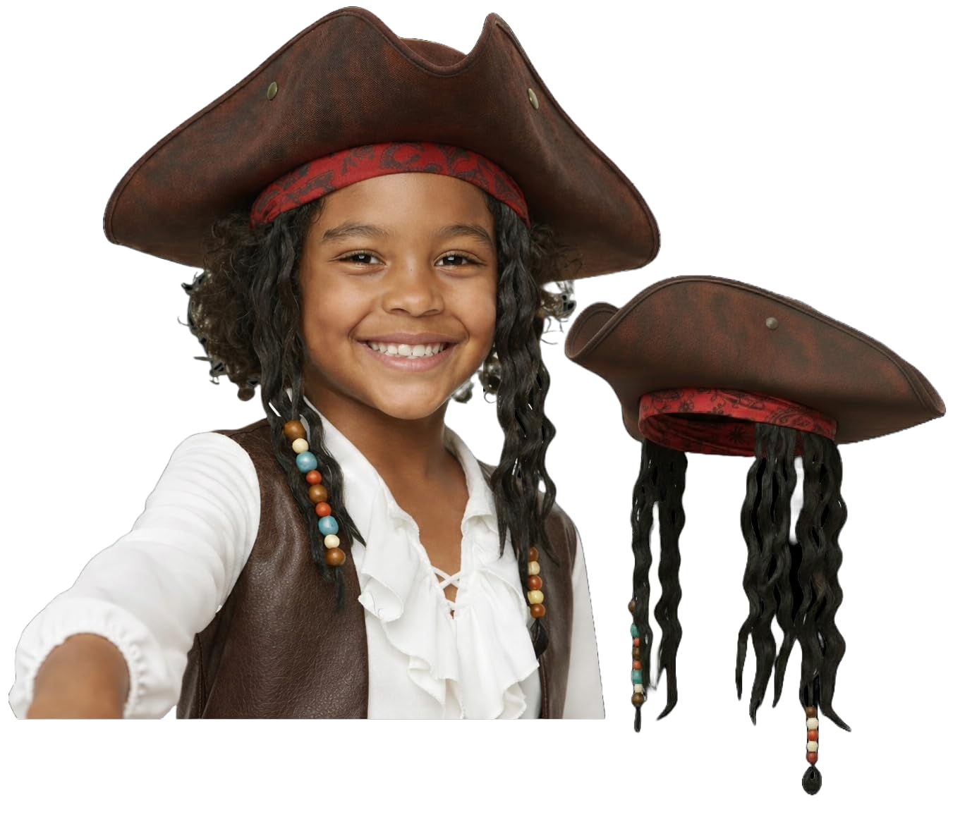 Nicky Bigs Novelties Child Buccaneer Caribbean Tricorn Pirate Hat Dreadlocks Hair Costume Cap Brown, Brown, One size