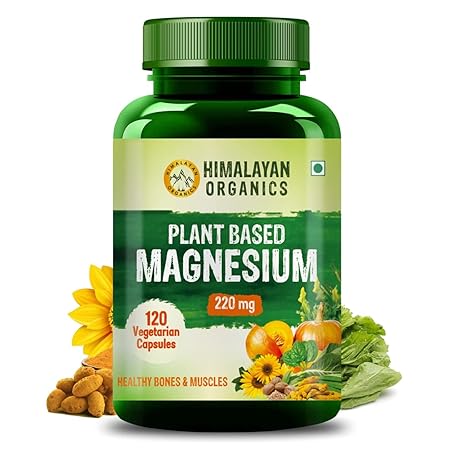 Himalayan Orgnaics Plant Based Magnesium Supplement 220mg With Turmeric Spirulina, Wheatgrass, Moringa | Supports Bone Muscle & Bone Health | Boost Energy Level - 120 Veg Capsules