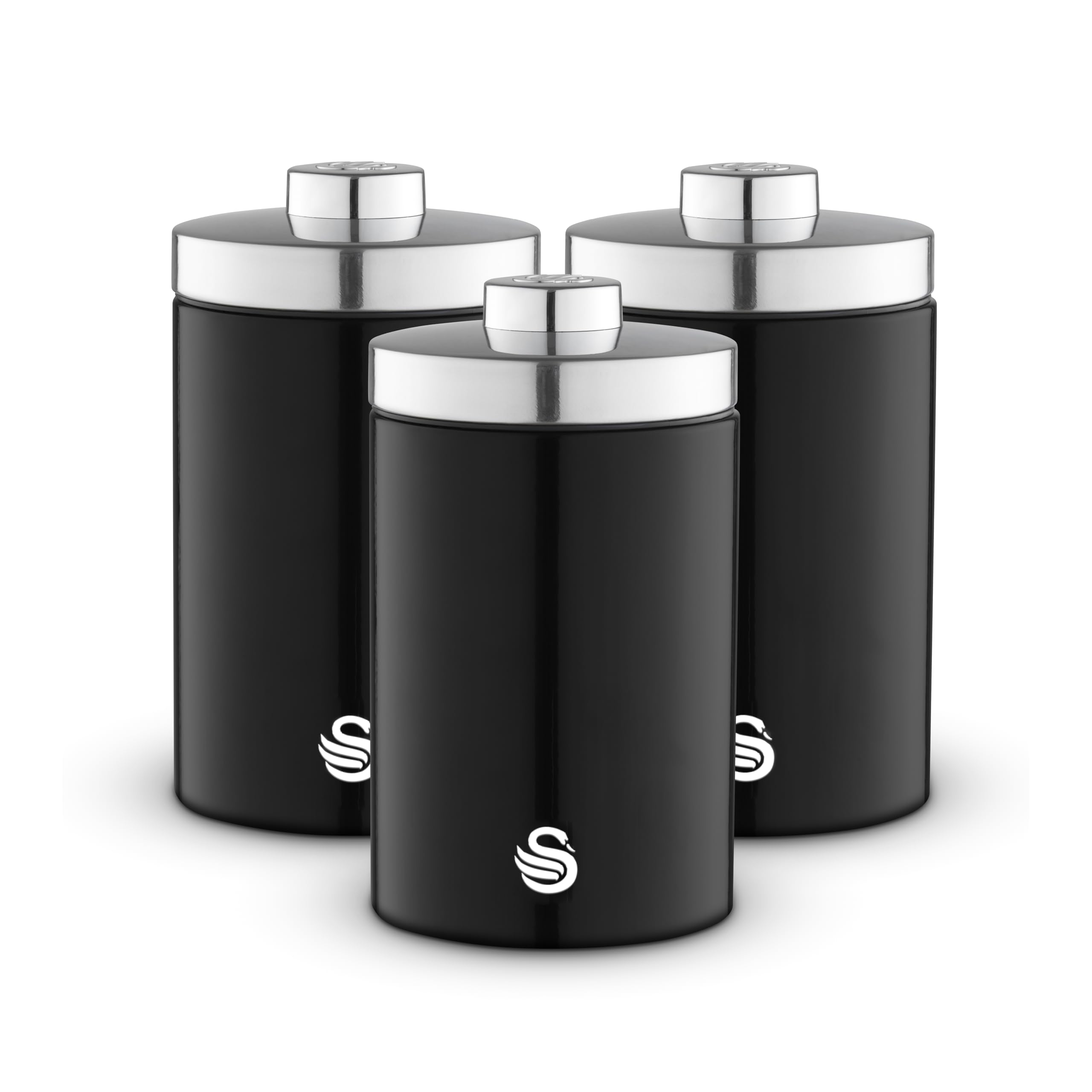 Swan Townhouse Set of 3 Storage Canisters, Stainless Steel, Airtight Lids, Colour Coated Iron and Chrome Accents, 1.6L, Black