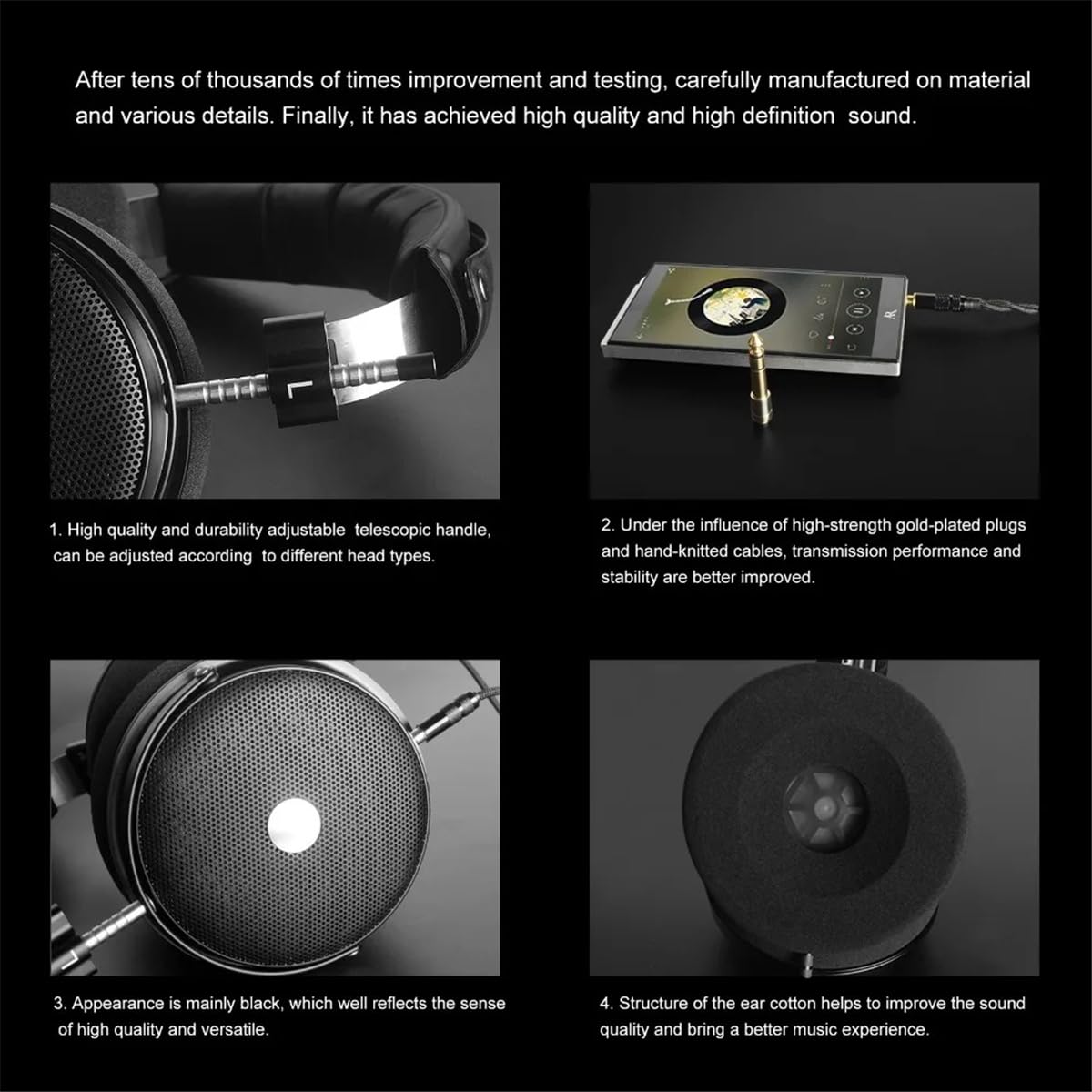 Auriculares de Nivel Profesional Ajustable portátil, Monitor de Estudio de Auriculares con Cable, Auriculares sobre la Oreja, Conductores de 70 mm, HiFi Stereo, Aislamiento de Ruido,Negro