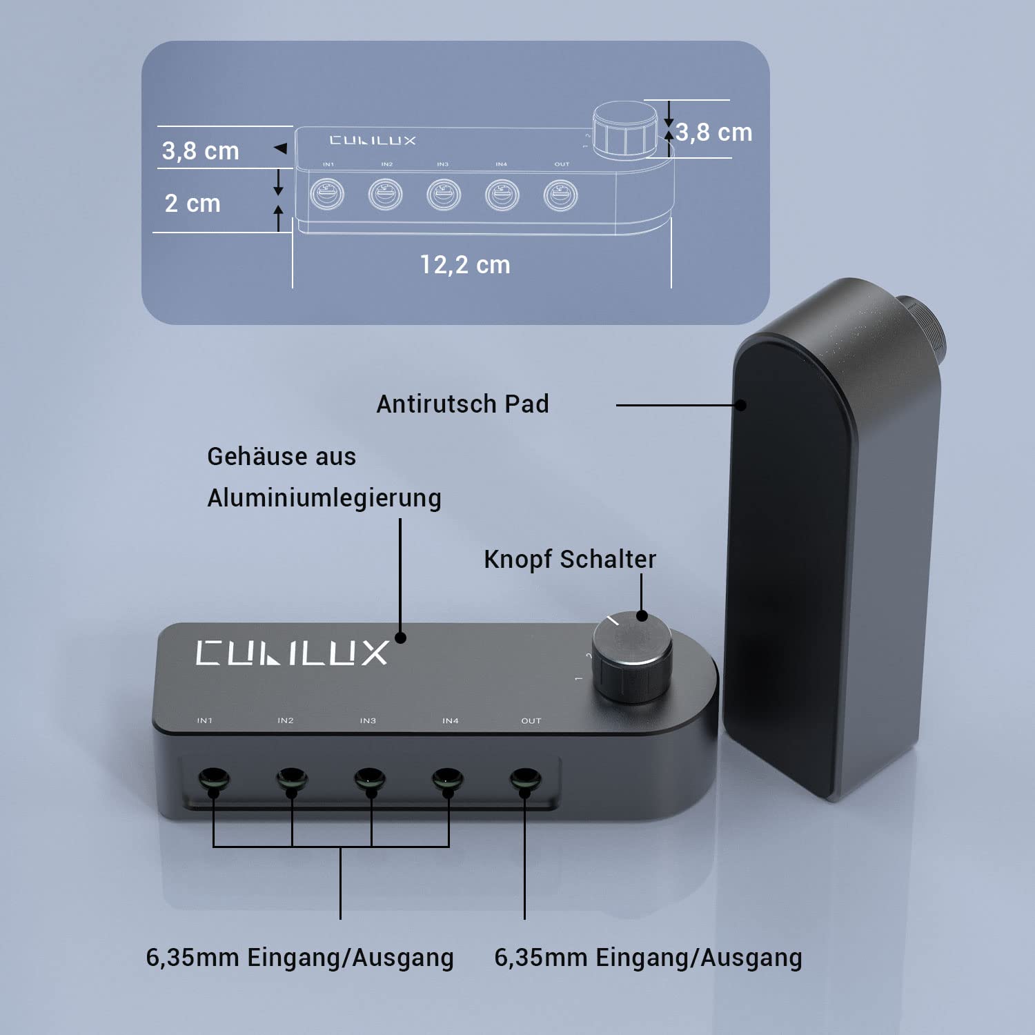 Cubilux 6,35 mm Audio Umschaltbox, bidirektional 4 Port TRS, 1 zu 4 oder 4 zu 1, passiver 1/4 Zoll Wahlschalter für Kopfhörer, Lautsprecher, Subwoofer