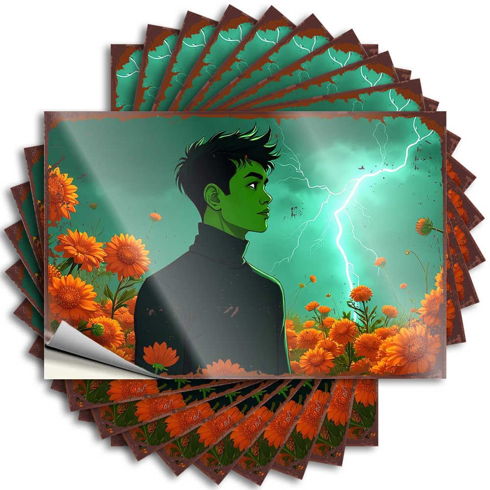 Teen Decor Bottle Tattoos | Green Hero Amidst A Field of Orange Flowers Feminist Durable Vinyl Sticker Easy Apply for Darts(12X18CM)