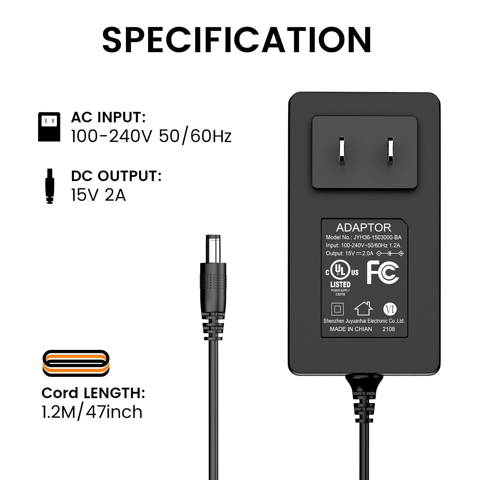 Cable de carga portátil para estación de energía R60/R100, entrada de 100 V-240 V CA y salida de 15 V CC 2 A, fuente de alimentación de conmutación universal con enchufe CC de 5,5 mm x 2,5 mm