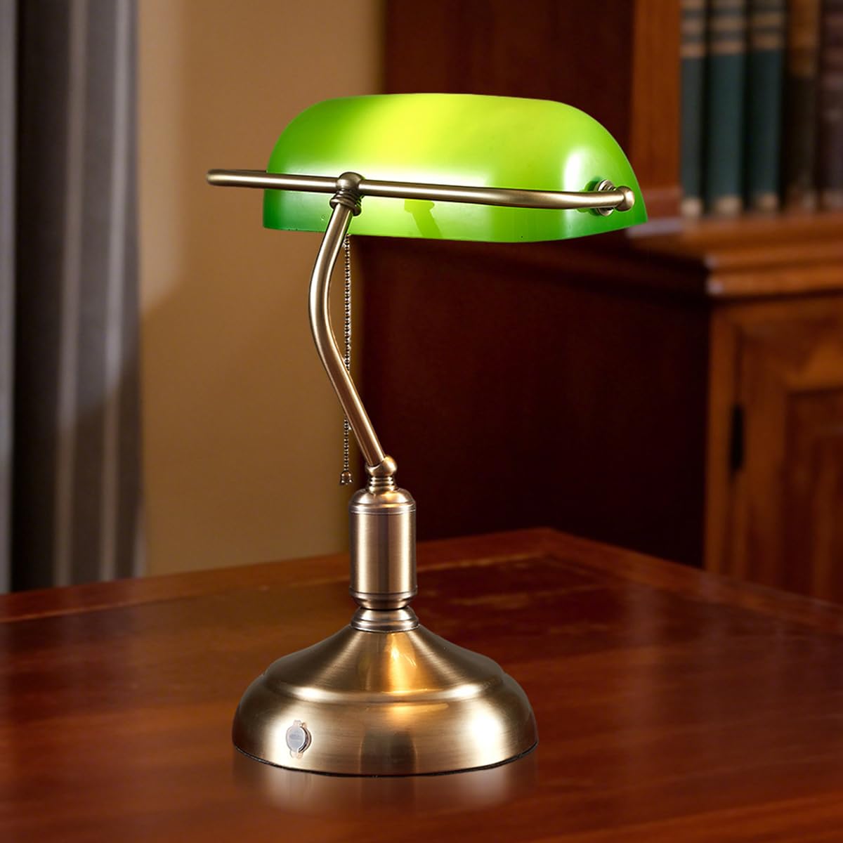 Kabellose Bankerlampe Groß 6000mAh Akku Tischlampe Aufladbar Dimmbare Vintage Nachttischlampe mit Touch-Steuerung und Kettenschalter 3 Farbtemperaturen E27 Tischleuchte Grün Gold Schreibtischlampe
