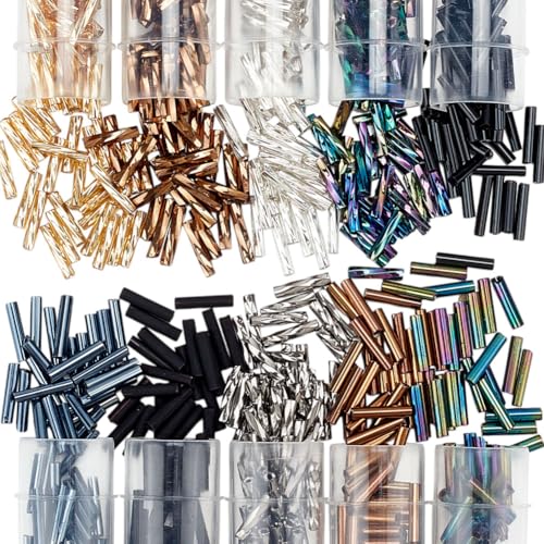 CRAFTYMELODY 620 pièces de Rocaille à Tube Long 10mm 9x2 couleurs Perles de Verre Métalliques D’Espacement Lâches et Tordues Irisées