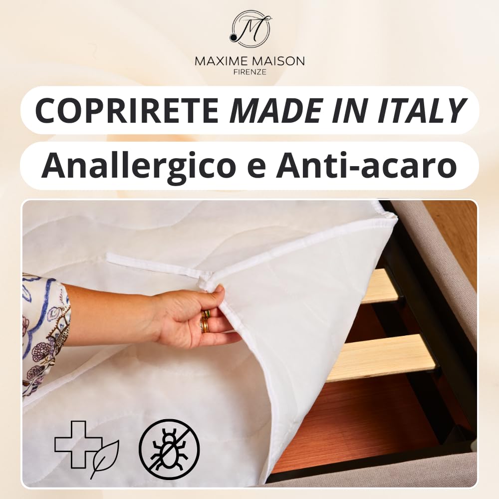 MAXIME MAISON - Coprirete Matrimoniale 160x190 Trapuntato con Imbottitura, Lacci agli Angoli, Copri Rete Letto Matrimoniale Anallergico e Antiacaro, Traspirante, Manifattura Made in Italy