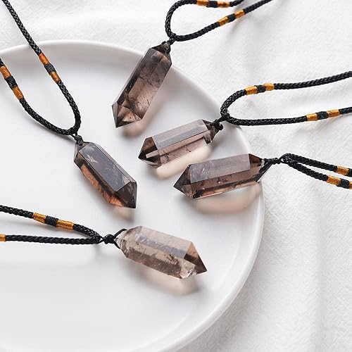 Miniatura 3 de Runyangshi Colgantes de cristal curativo de cuarzo ahumado, collar de cuarzo de cristal natural de doble punta, 6 piedras facetadas para meditación