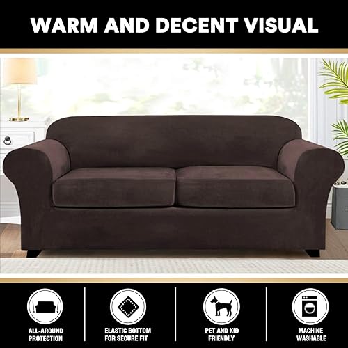 Miniatura 6 de PrinceDeco Funda de terciopelo para sofá de 2 plazas, fundas de sofá de 3 piezas para perros, fundas lavables para sofá biplaza de hasta 72