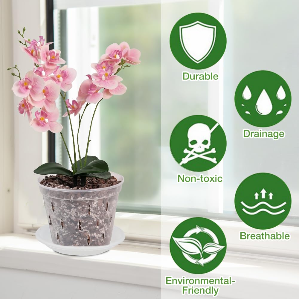 HIULLEN Clear Orchid Pot, 5 Pcs 16cm Plastic Plant Pots with Drainage Hole and Tray, Seed Seedling Pots, House Plant Pots - Image 4