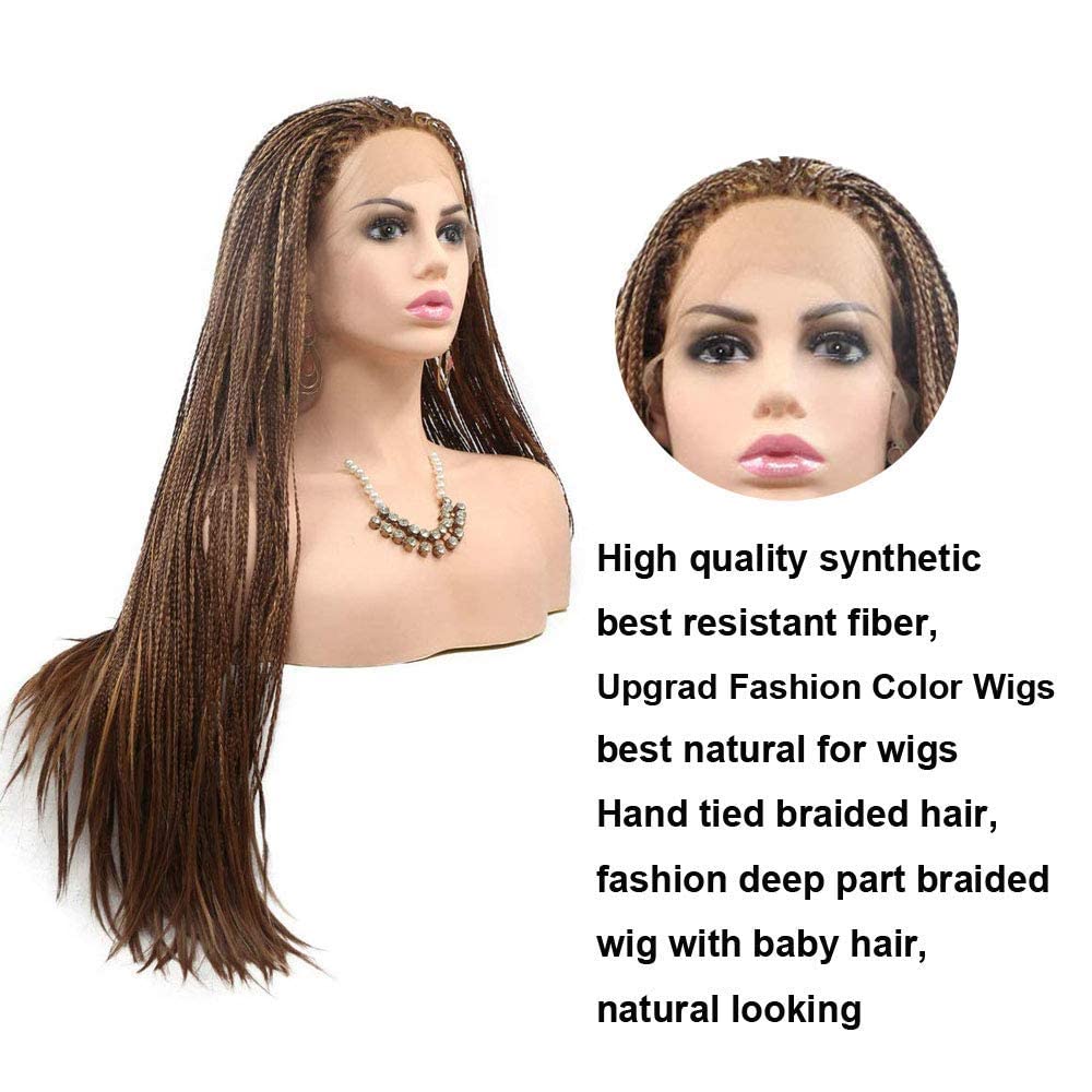 Realistic Hand Braided Lace Front Wigs for Black Women Micro Long Mixed Brown Braiding Braids Wig Natural Hairline Realistic Synthetic Heat Resistant Hair Replacement Wigs Daily Cosplay 28 Inch - Image 3