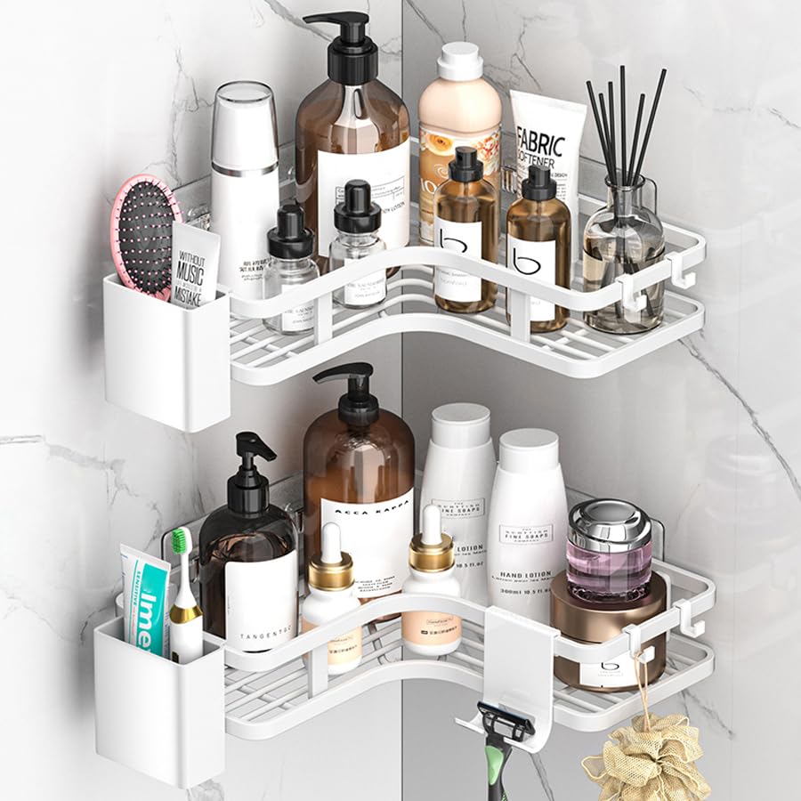 Zilnox 浴室用ラック ステンレス シャワーラック 強力粘着固定 お風呂 収納 浴室 洗面所 バスルーム 2段 ホワイト 幅25x奥行25x高5CM