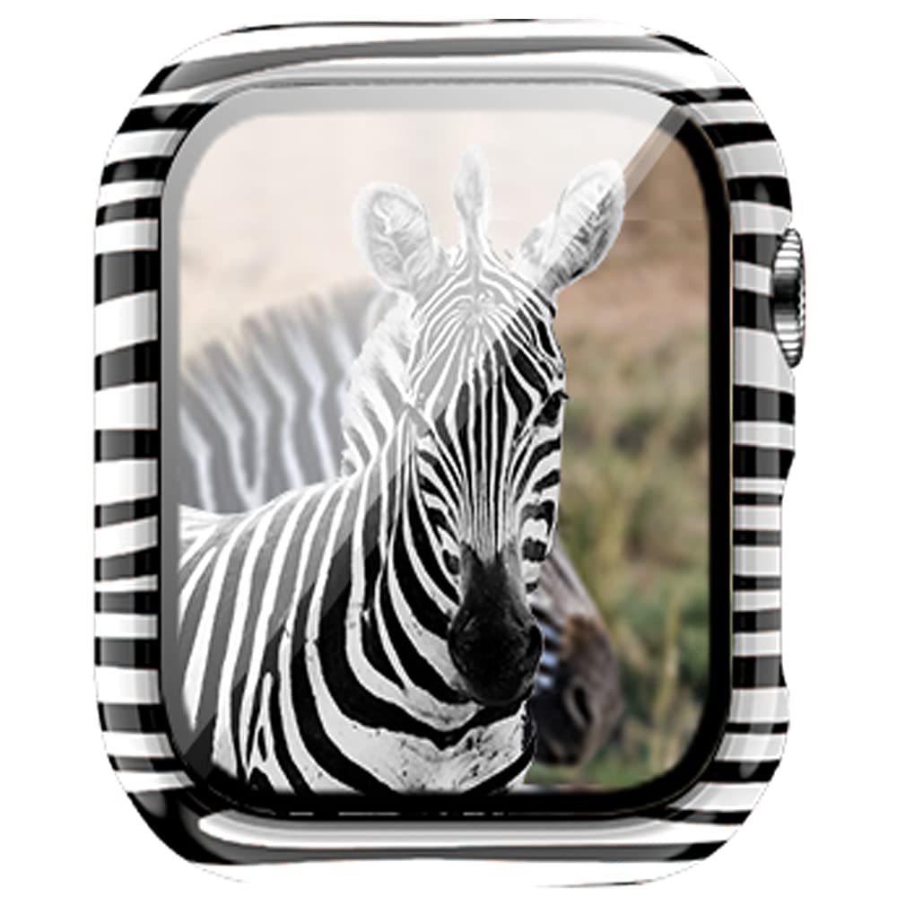 Compatible with Apple Watch Series 9 8 7 45mm 41mm Leopard Hard PC Case Tempered Glass Screen Protector Cover Resistant Impact Resistant Protective Case (45mm, Zebra)