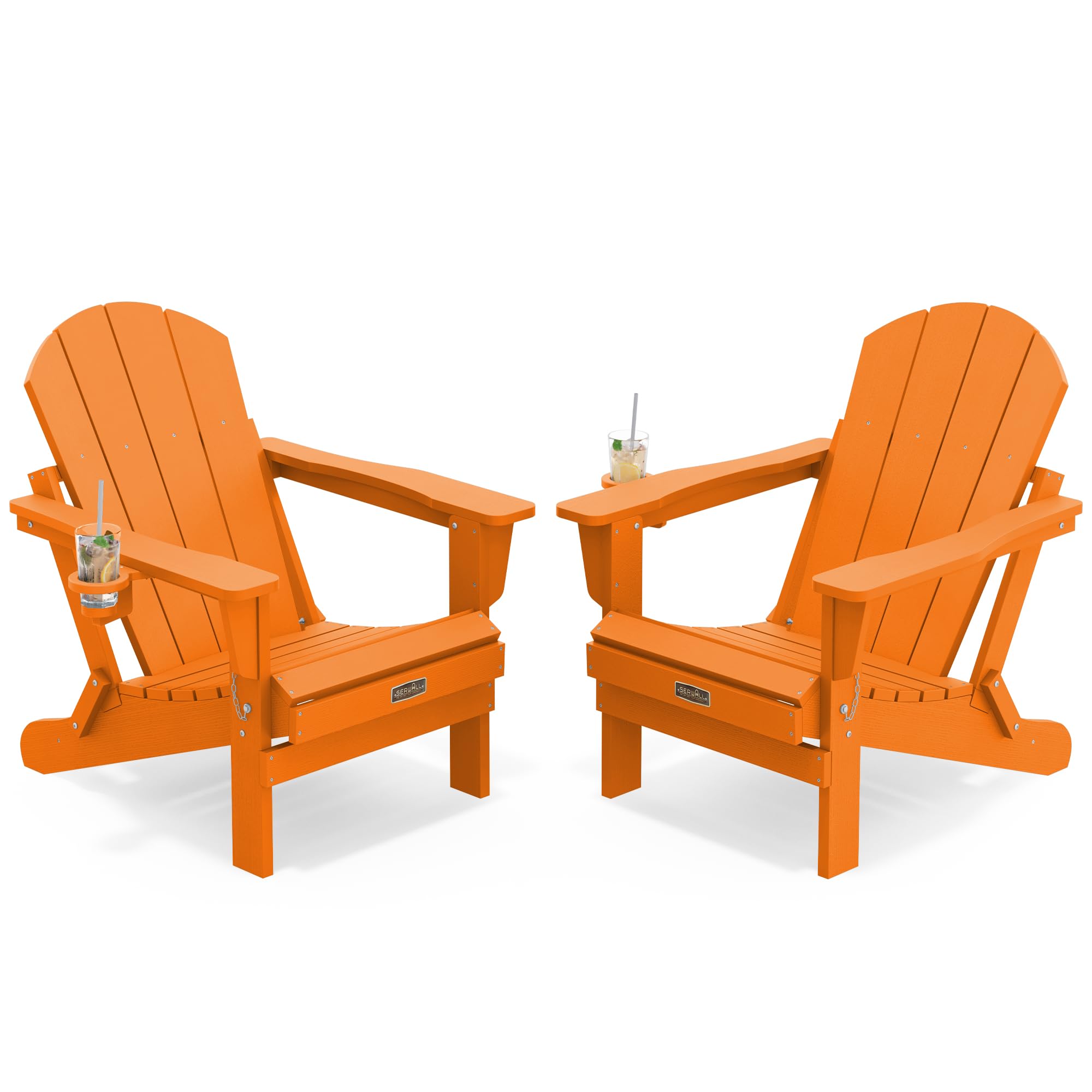 SERWALL Folding Adirondack Chairs with Cup Holder Set of 2, Fire Pit-Orange