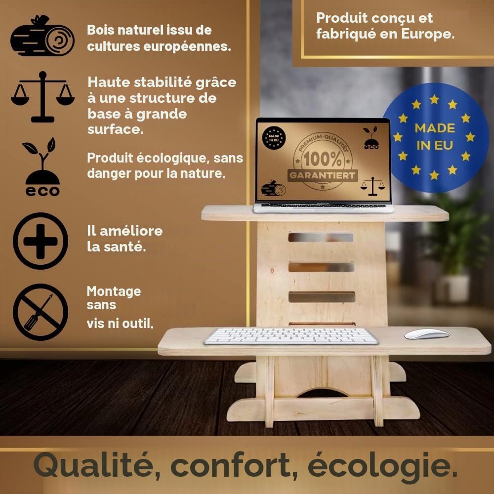Support de bureau debout en bois - Support de bureau debout - Fabriqué en UE