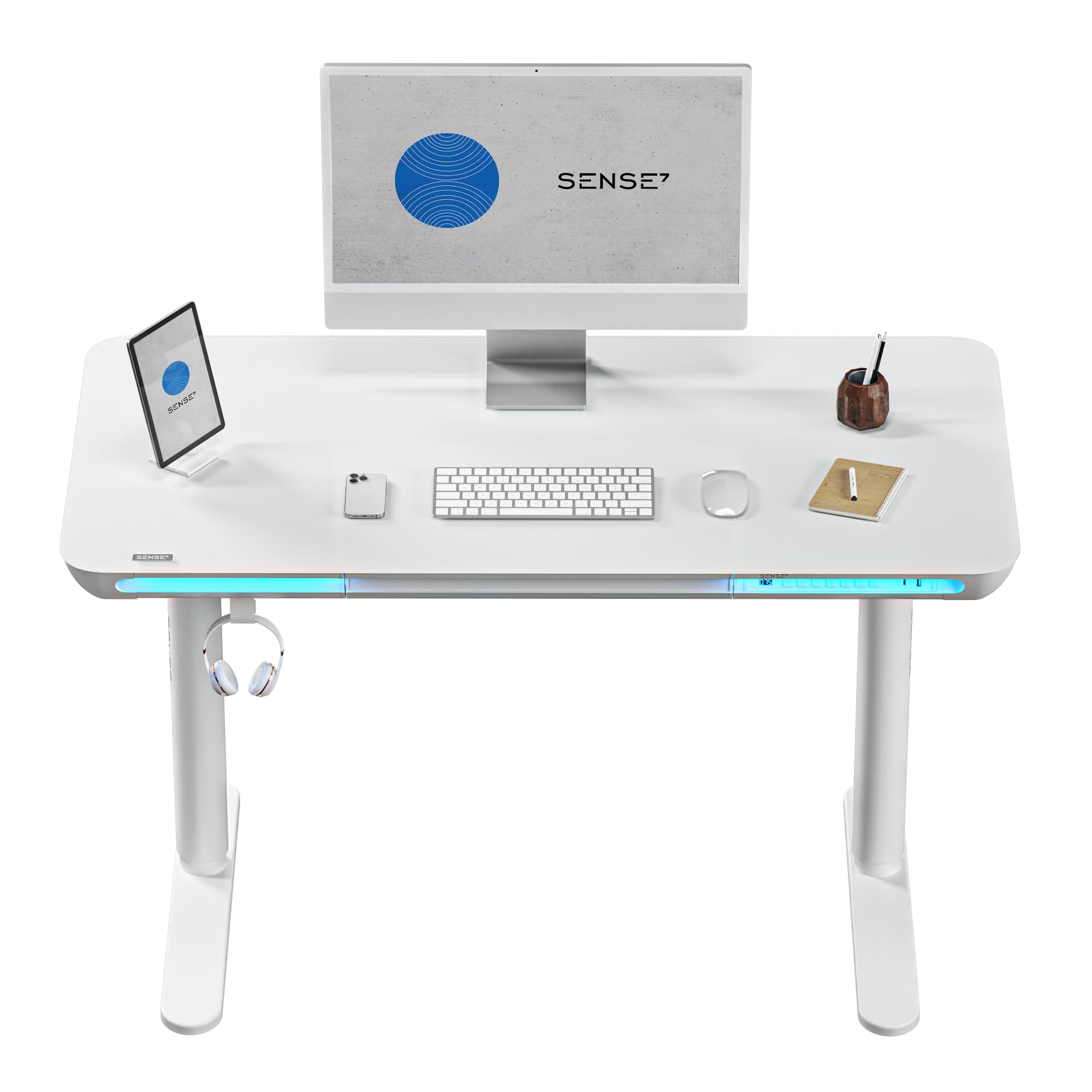SENSE7 Nomo LED Gaming Schreibtisch, 120x60cm, Höhenverstellbar, USB-C, USB 3.0, Glas, Schublade, Haken, Modern, Weiß, Erwachsener, Home Office, Büro, Lernzimmer, Wohnzimmer
