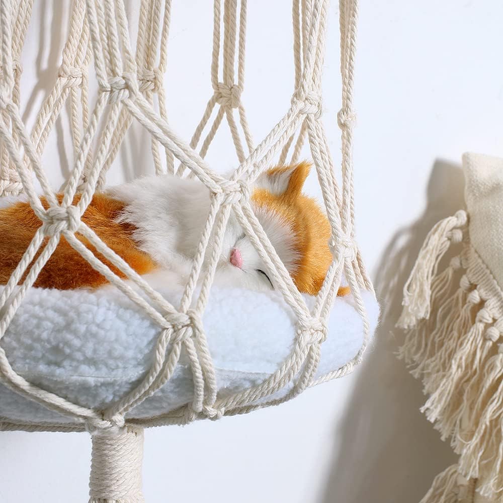 Macrame Cat Hammock，Handwoven Hanging Cat Bed，Cat Hammocks for Indoor Cats Hanging，Cat Swing Bed Space Saving Window Perch for Sleeping, Playing, Climbing, and Lounging (Beige)