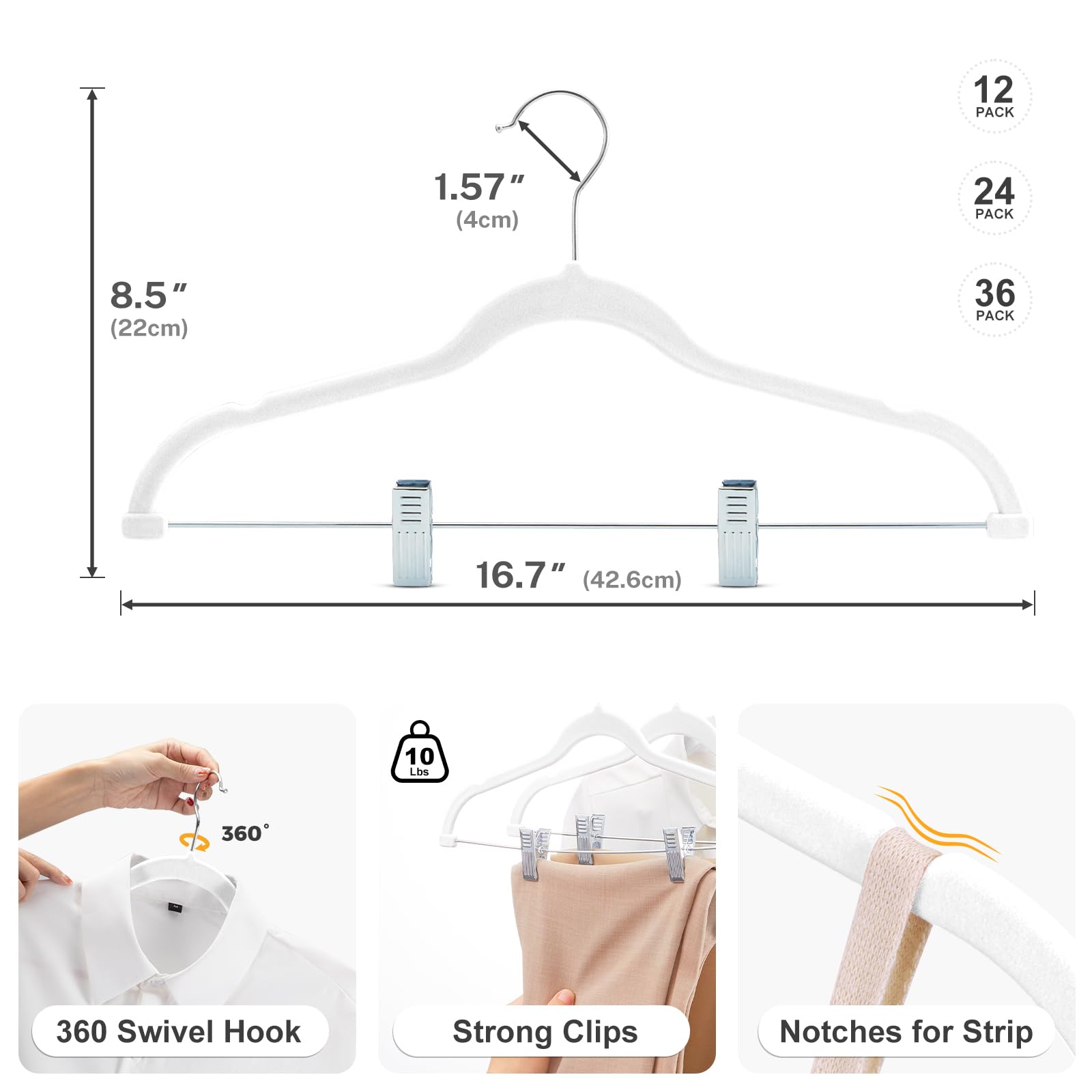 HOUSE DAY Confezione da 24 grucce in velluto bianco con clip regolabili, salvaspazio, resistenti, antiscivolo, per pantaloni, gonne, pantaloncini