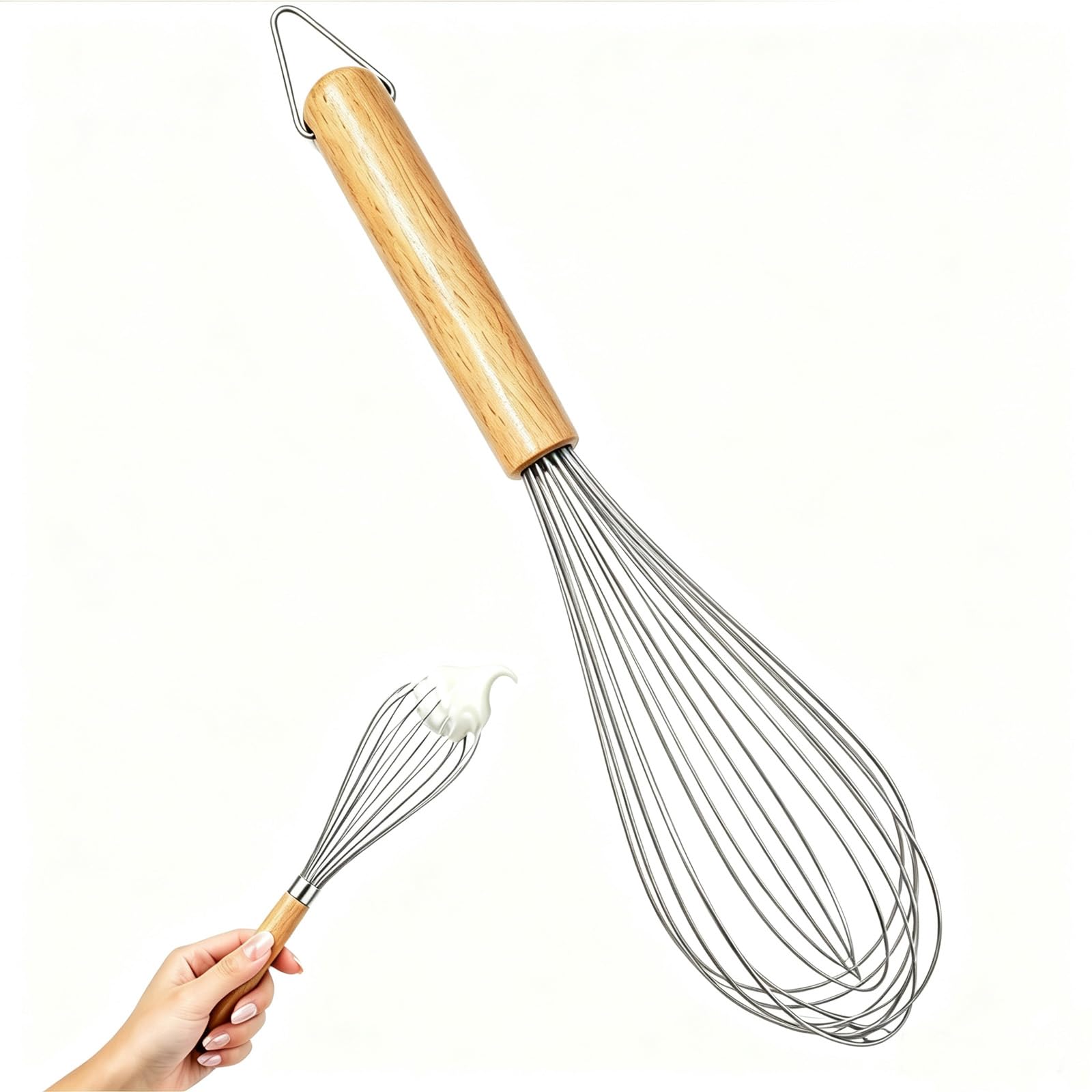 Skynelle Silicone Balloon Whisk 26cm with Wooden Handle & Hanging Hook Non-Scratch Heat-Resistant Egg Whisk for Non-Stick Cookware Baking Sauces & Creams Versatile Kitchen Tool