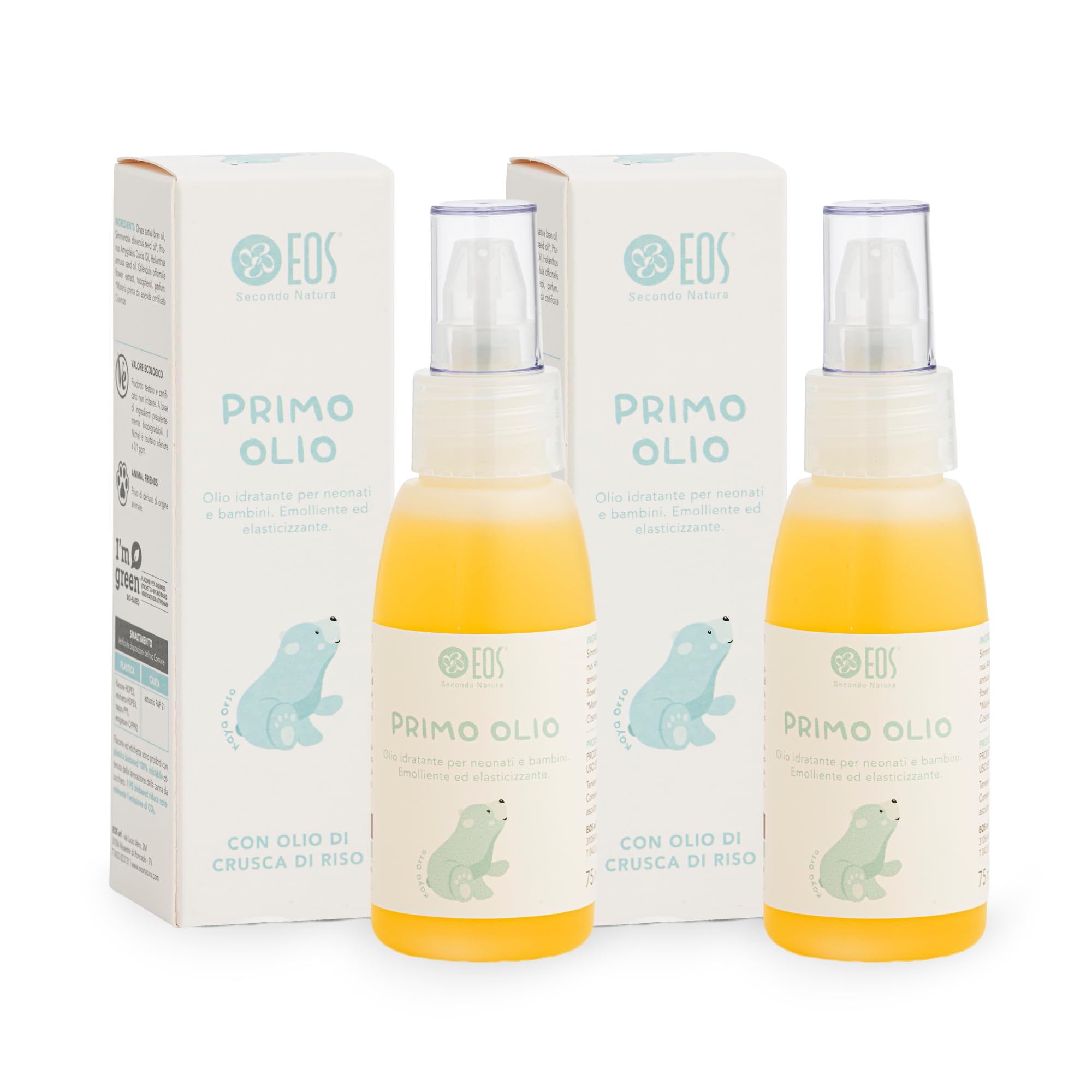 EOS NATURA Primo Olio – Confezione Doppia (2 x 75 ml) – Olio Idratante, Emolliente Massaggio per Neonati e Bambini – Oli di Crusca di Riso, Calendula e Mandorle Dolci – Il Mondo di Babu - 75 ml