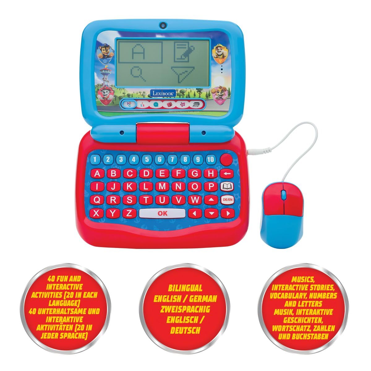 Lexibook, Paw Patrol Bilingual Talking Educational Laptop 40 Attività, Inglese Tedesco, Computer di apprendimento delle lingue, Storie animate, Metodo di lettura, Blu/Rosso, JC398PAi3LXB