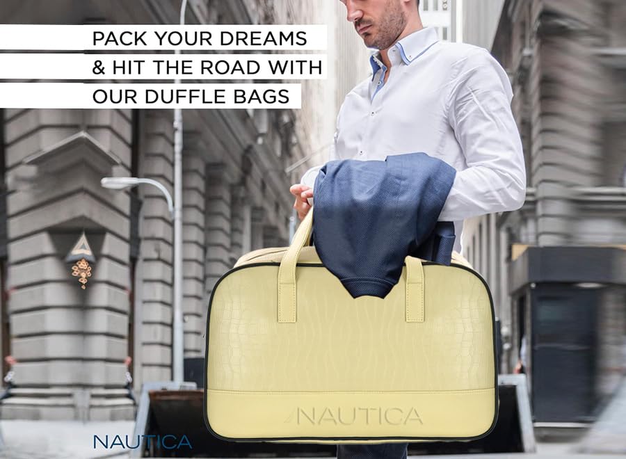 Image of Nautica Unisex 25L PU Duffle Bag for Travel | Stylish Leatherette Cabin Luggage with Smooth Zippers | Compact, Comfortable & Spacious for Weekend Trips, Gym & Everyday Use | Beige