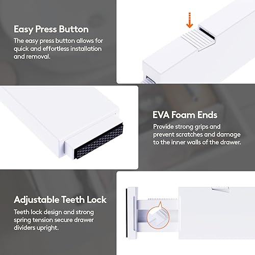 Miniatura 6 de Lifewit Paquete de 5 separadores de cajones de cocina de 2.36 pulgadas de alto, 16 a 22 pulgadas, organizador de cajones ajustables para