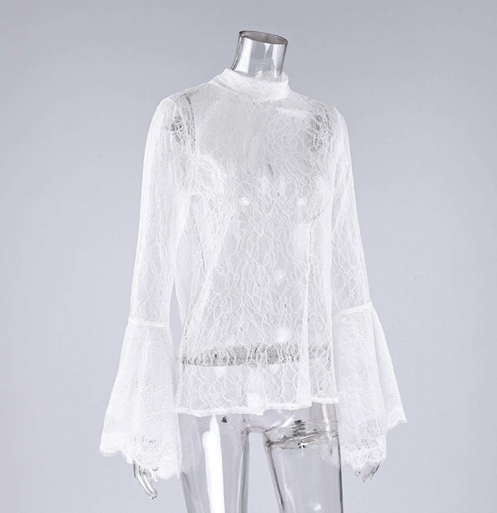 Camicia Da Donna Sexy in Pizzo Trasparente Floreale Svasato A Maniche Lunghe Alla Moda Girocollo Morbida Ed Elegante Camicia Con Volant