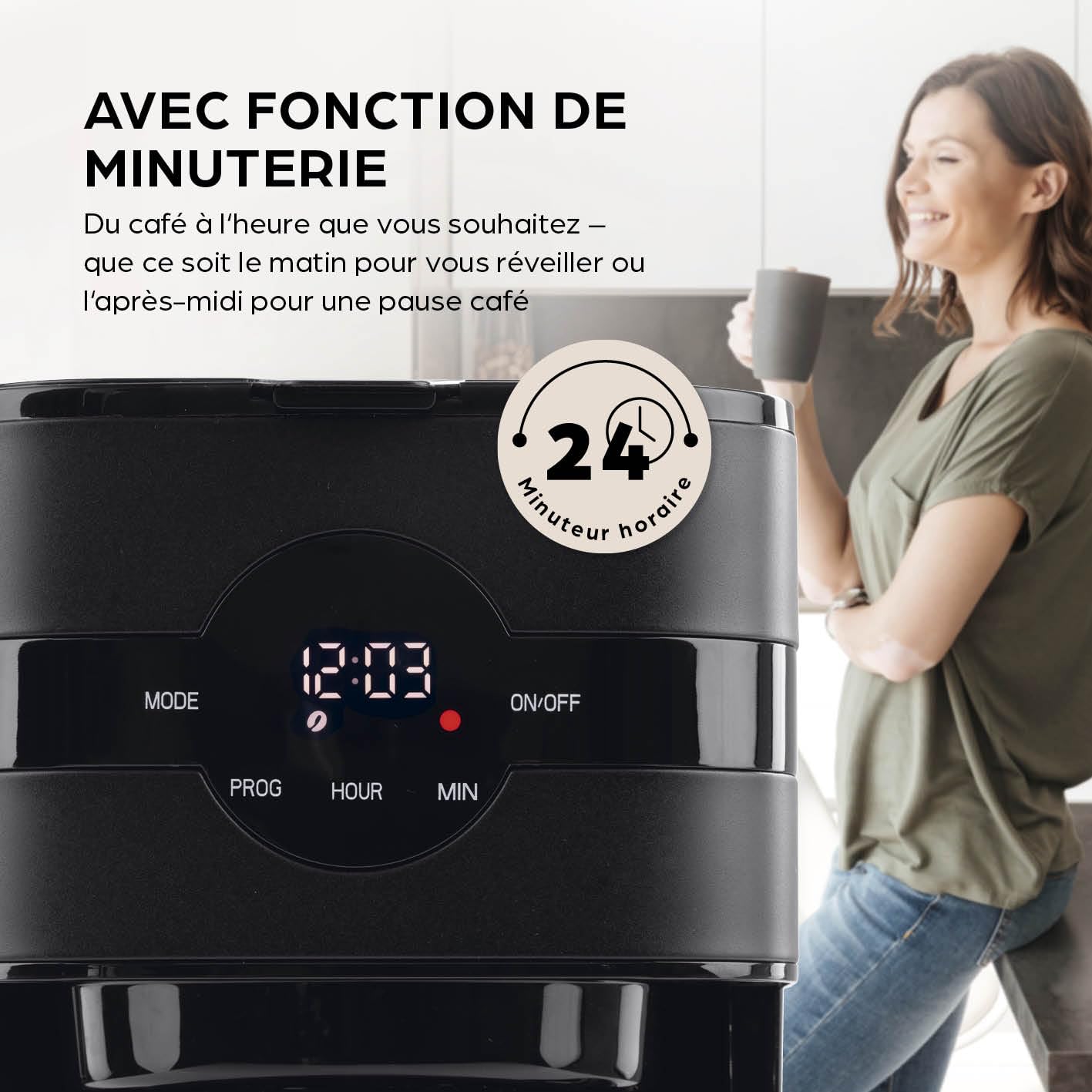 Barista Cafetière filtre avec thermos | Minuteur 24h & filtre permanent | Pour 8 tasses de café | Cafetière pour poudre [Noir]