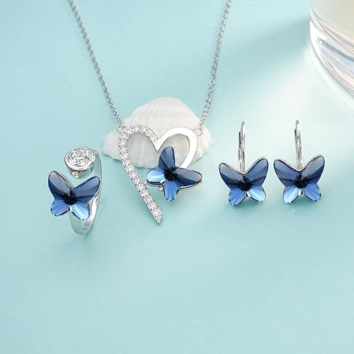 Miniatura 6 de EleQueen Juego de collar y aretes de plata de ley 925 con dije de mariposa y corazón, hecho con cristales, día de San Valentín, día de la madre