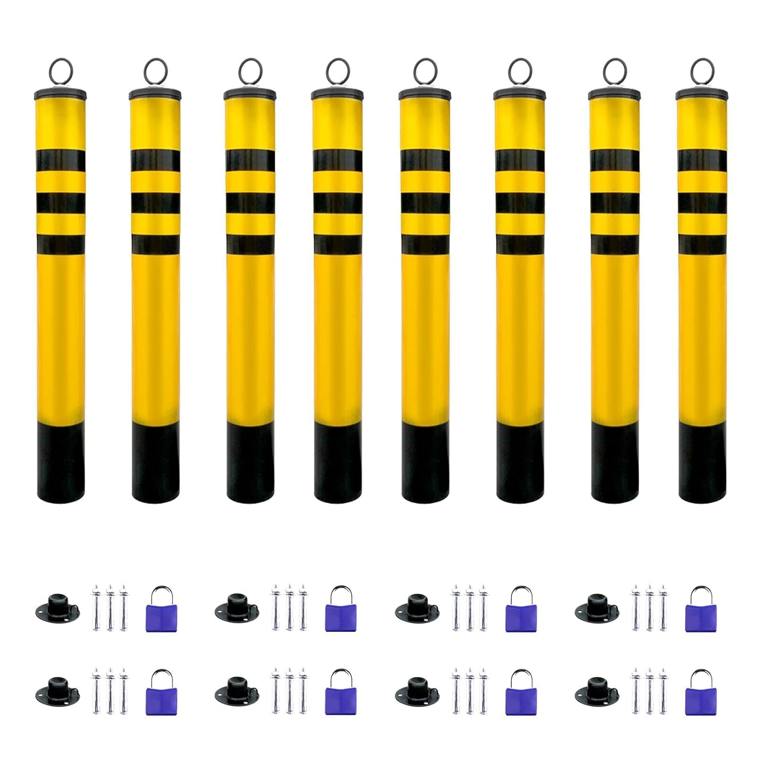 SGKOMN Yellow Safety Bollards - High Visibility Steel Security Posts for Driveway, Parking Barriers & High-Traffic Areas, Ideal for Door Front Protection, 8pcs-29.5in