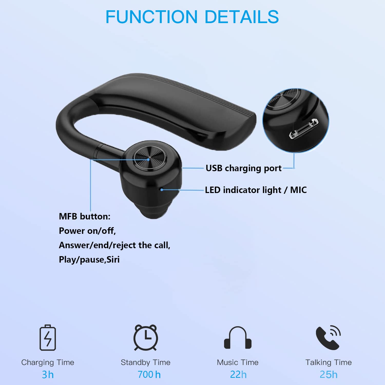 Auricolare Bluetooth 5.0 Cuffie Wireless con Microfono, Auricolare Business Vivavoce con Chiamata Leggera, Chiaro e Suono Hi-Fi per l'Ufficio, la Guida