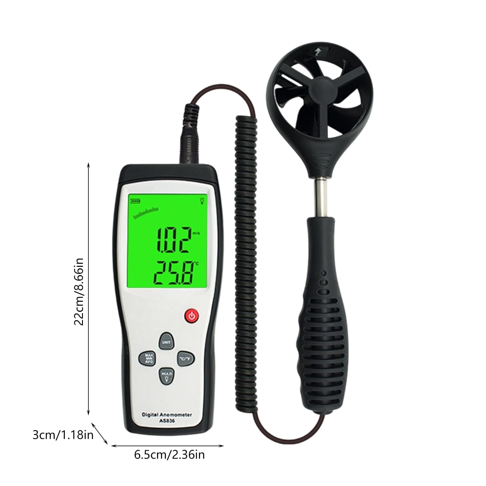 Medidor De Viento Portátil, Medidor De Viento De Amplio Rango De 0,3 a 45 M/s con Pantalla LCD Grande Legible a La Luz del Sol Y Carcasa De ABS Reforzado, Sonda Sensible para Sistemas De