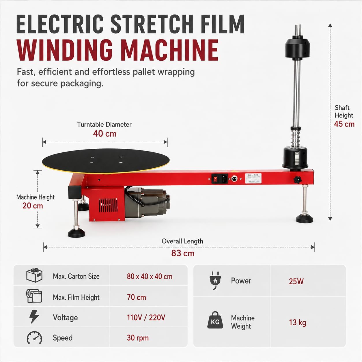 Elektryczna maszyna do owijania folii stretch, gramofon 60 kg, 30 obr./min