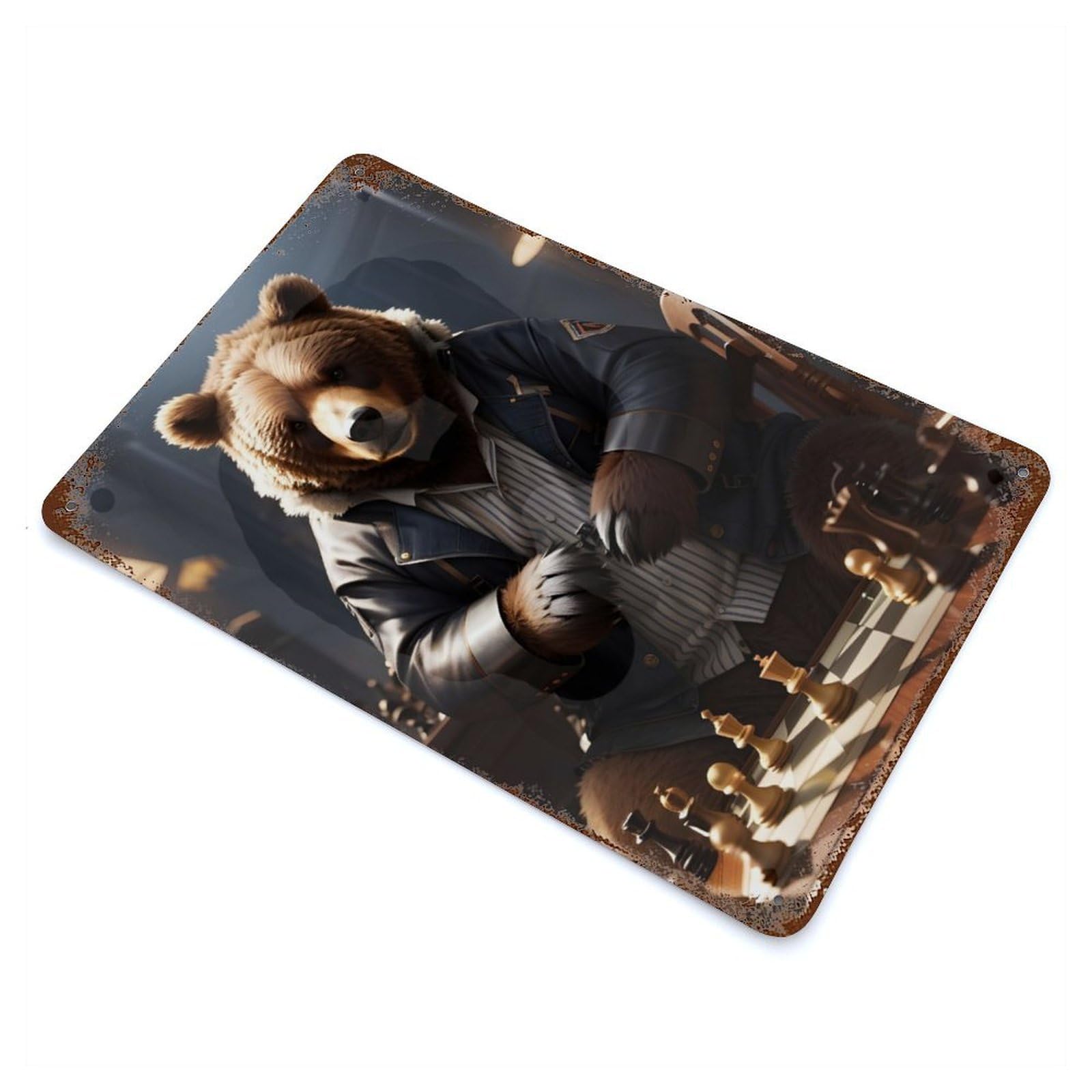 Garage Style Chess Bear Playing Vintage Rust Metal Sign 11.8"x7.9", Vintage Wall Decor for Bar And Workshop