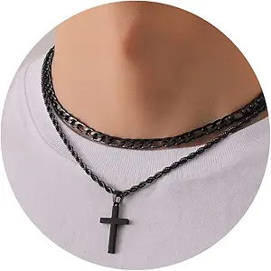 P.BLAKE 2 Pcs Cross Necklace With Chain for Men Boys, Layered Mens Stainless Steel Figaro Link Rope Chain 16-24 Inch Christian Religious Cross Pendant Necklaces Jewelry Gifts