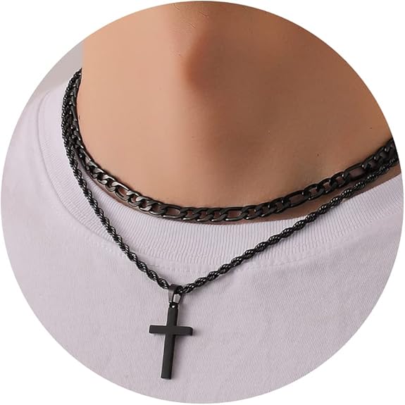 P.BLAKE 2 Pcs Cross Necklace With Chain for Men Boys, Layered Mens Stainless Steel Figaro Link Rope Chain 16-24 Inch Christian Religious Cross Pendant Necklaces Jewelry Gifts