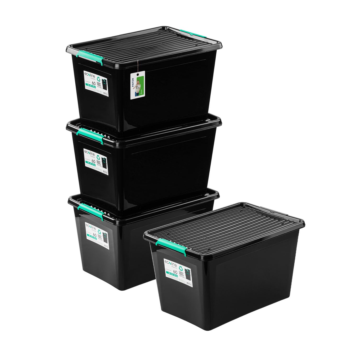 4x caja de almacenaje sobre ruedas Eko-Linie 60l - 58,5 39,5x35cm - Cajas Almacenaje Cajas apilables con clips de cierre Contenedores de plástico Cajas para ropa Organizador | Negro