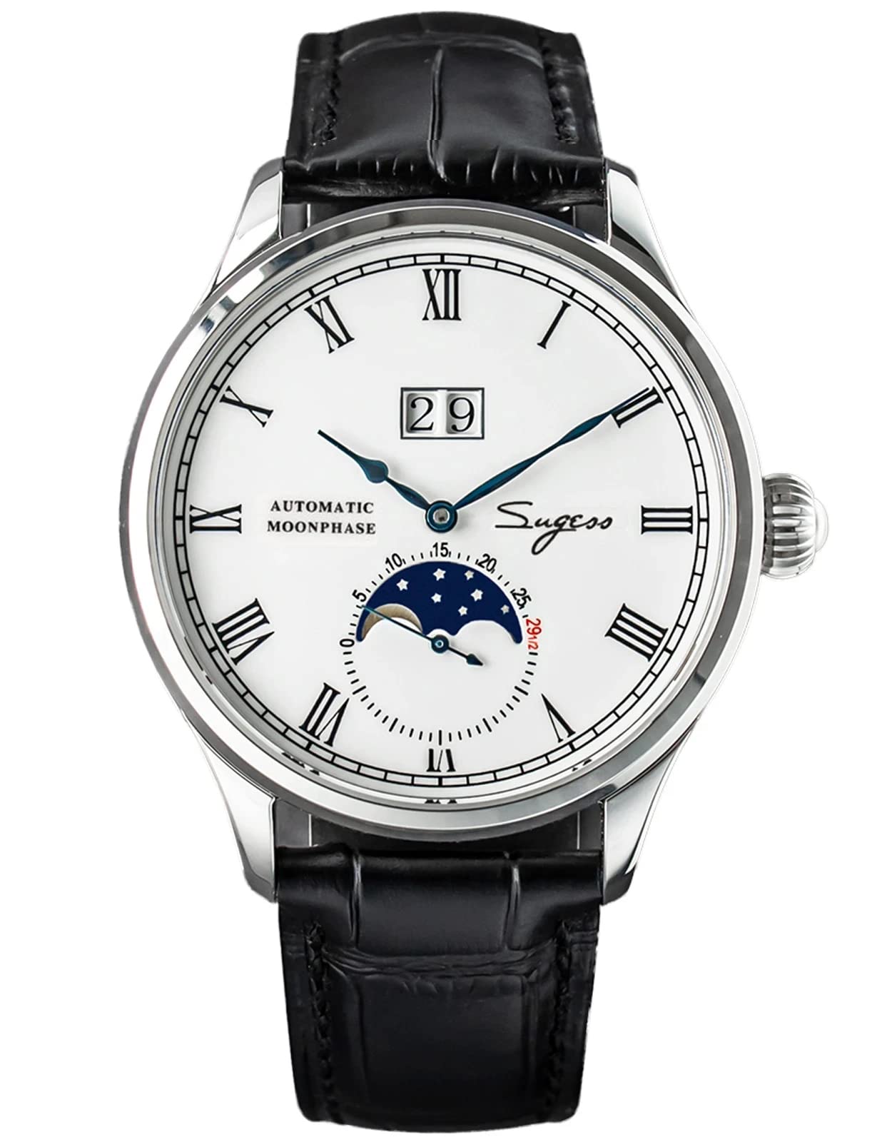 Sugess SU2528SS MoonPhase Master Seagull ST2528 Movimiento zafiro cristal reloj mecánico automático de los hombres 1963, negro, 41mm, Correa