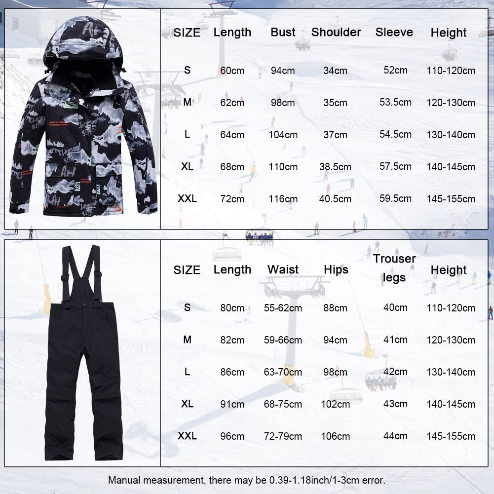Unisex Kinder Skianzug mit Kapuze Schneeanzug Mädchen Jungen Funktionsanzug 2 teilig Schneejacke + Schneehose Wasserdicht Verdickte