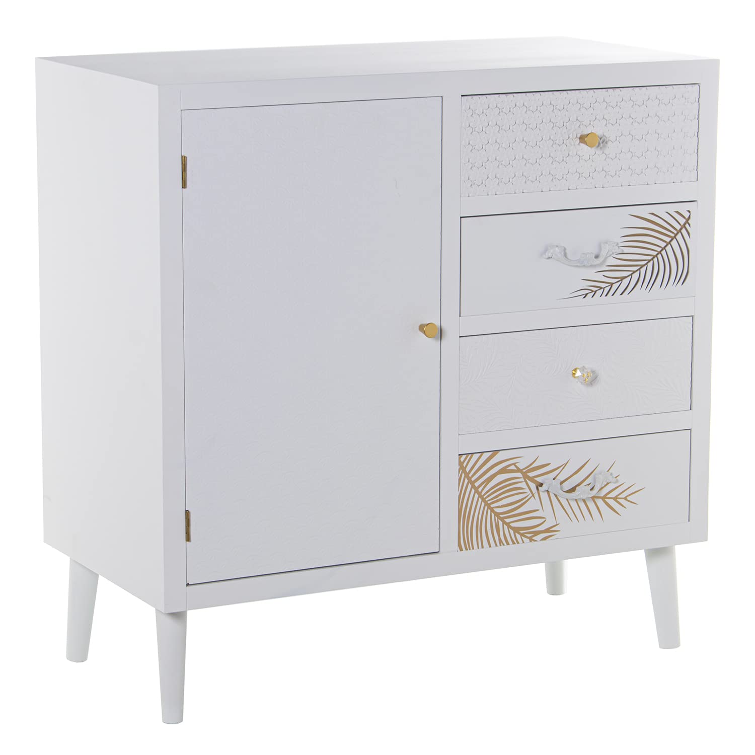 Aparador con 1 Puerta y 4 cajones de Madera con Relieve Hoja en Blanco y Dorado 80x40x80cm