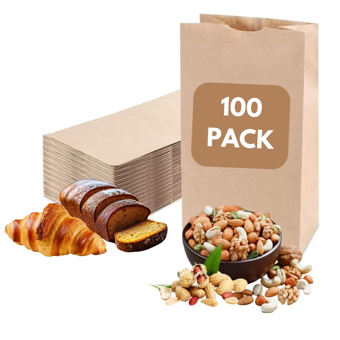 Excellent 100 Pack Brown Paper Bags - 10 Lbs Capacity Medium Kraft Paper Lunch Bags - 6.1x3.75x12.6 inches Bulk Paper Grocery Bags for Storage Food, Bread, Snacks, Cookies, Great for Small Businesses