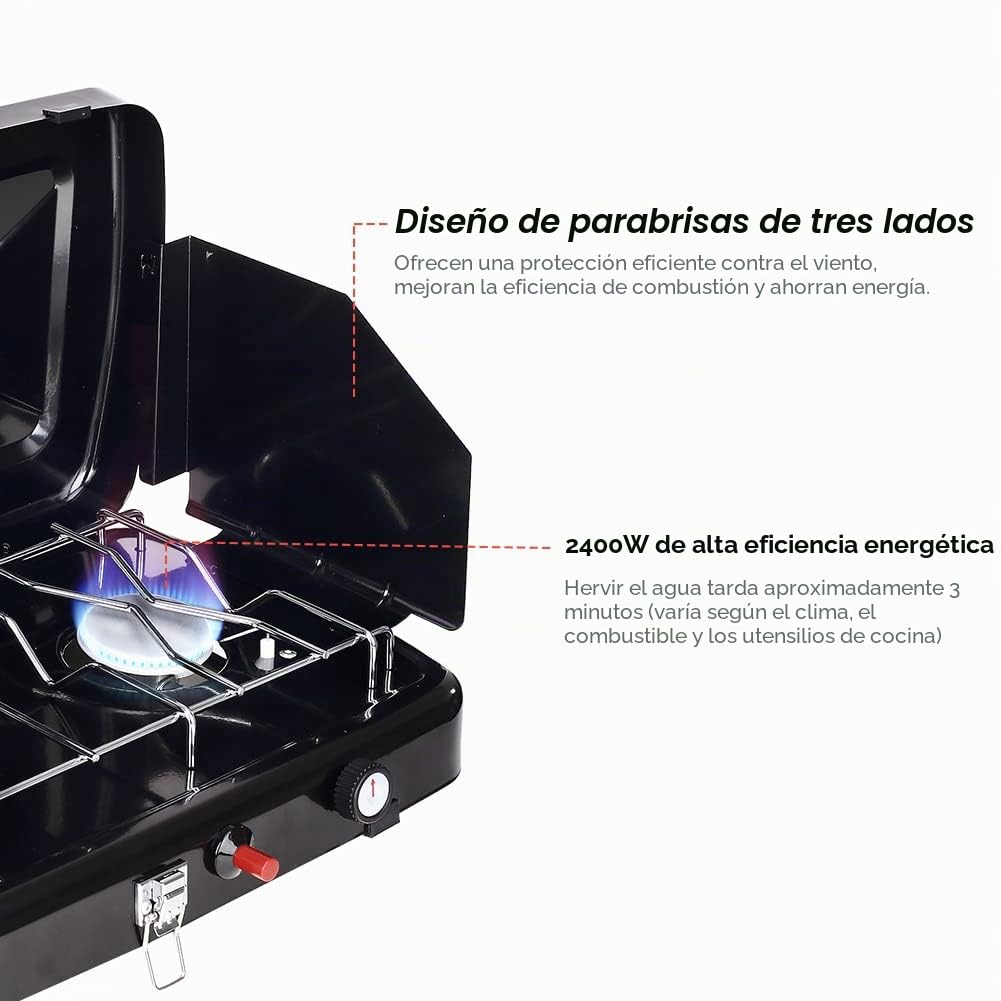 CAMPLUX Hornillo de Gas Portátil con 2 Fuegos, 2.400W, 50 mbar, GPL, para Camping, Protector Viento