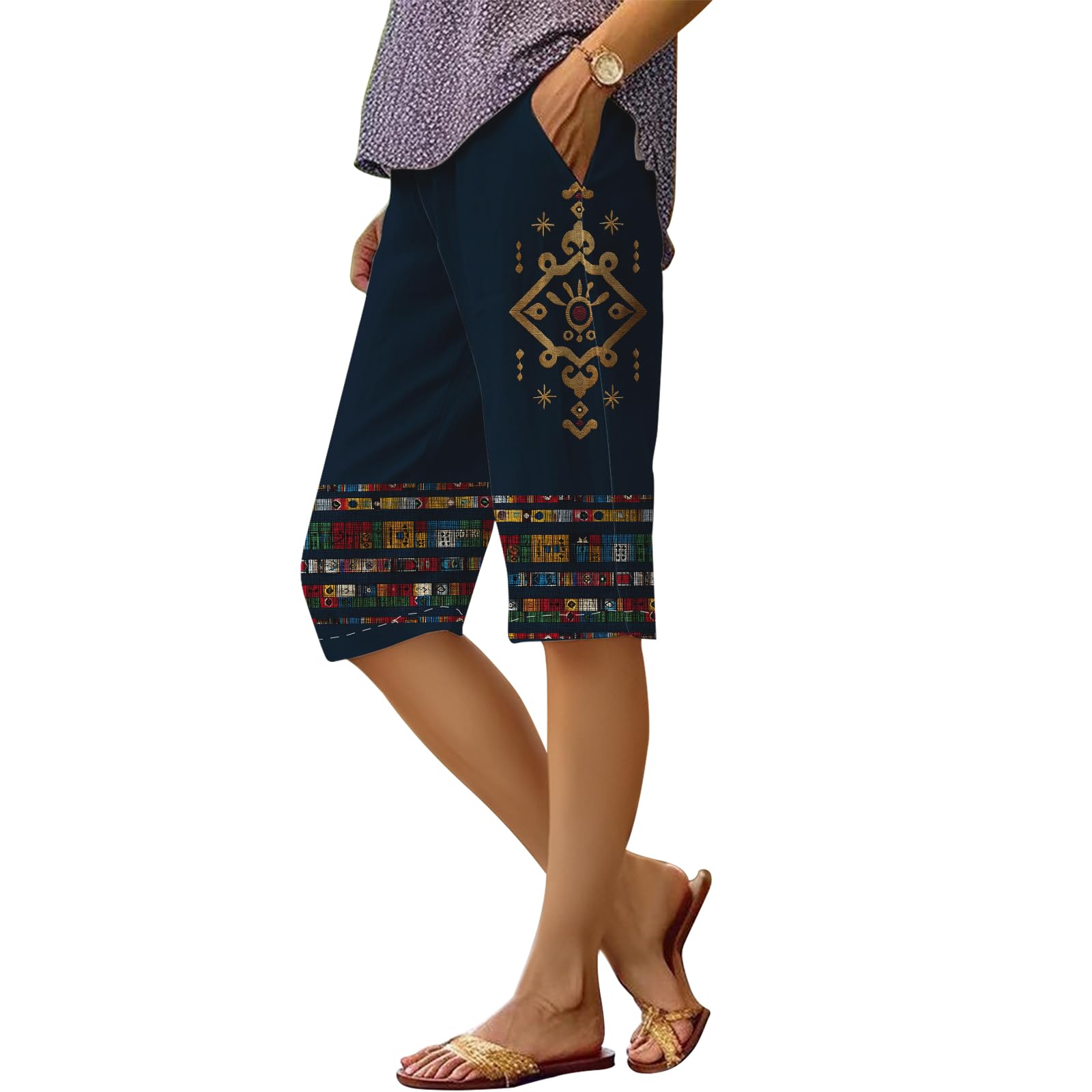 Womens Summer Casual Beach Bermuda Shorts Aztec Striped Pant Loose Knee Length Wide Leg Athletic Pants with Pockets