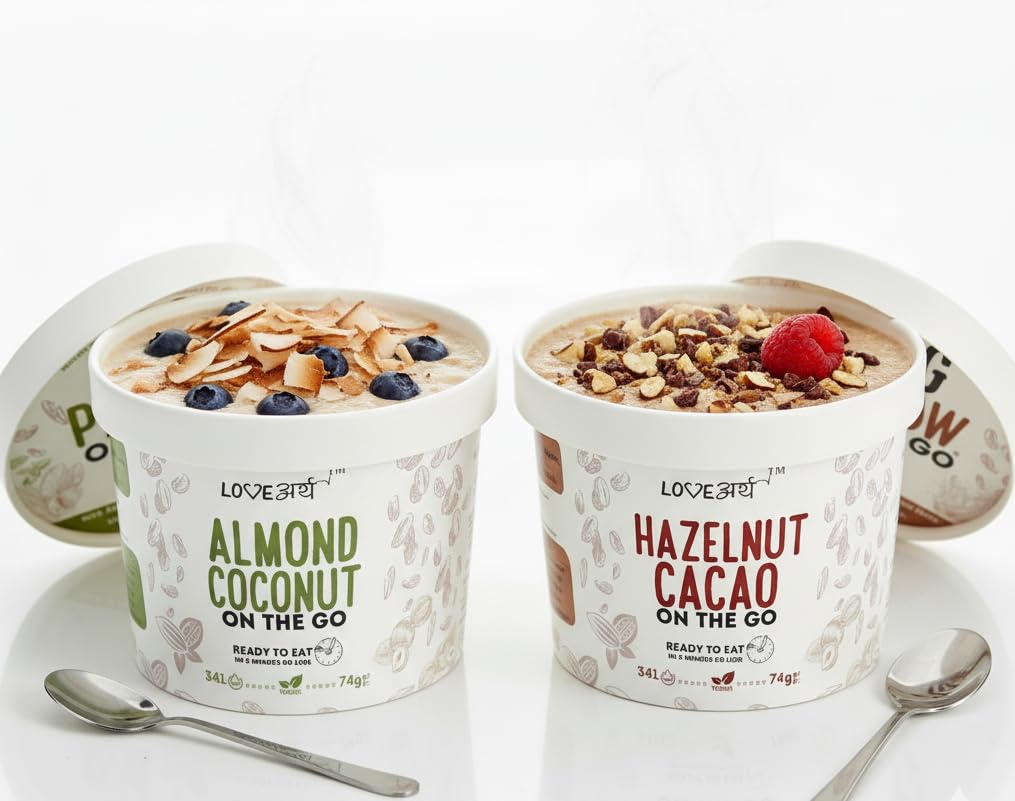 LoveArth 18g High Protein Oat Cups | Hazelnut Cacao & Almond Coconut | Ready to Eat Breakfast in 3 Minutes | Overnight Oats | Vegan, Clean Label, No Artificial Flavour or Colour | Pack of 2 Cups