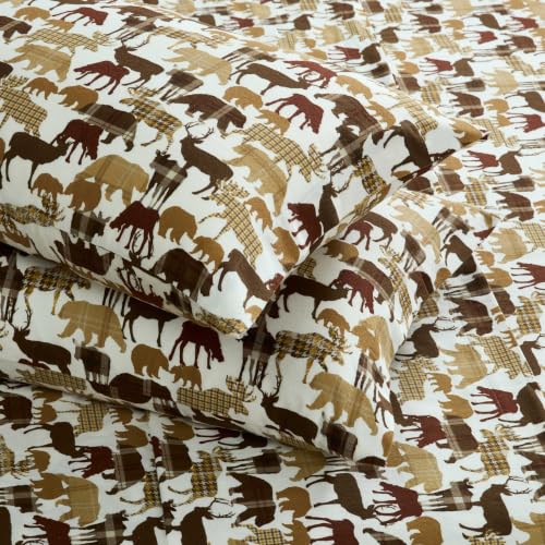Image of Eddie Bauer - Full Flannel Sheet Set, Soft Brushed Cotton Bedding with Matching Pillowcases, Fully Elastic Fitted Sheet, Deep Pocket Bed Set, Breathable All-Season Comfort (Animal Plaid Brown)