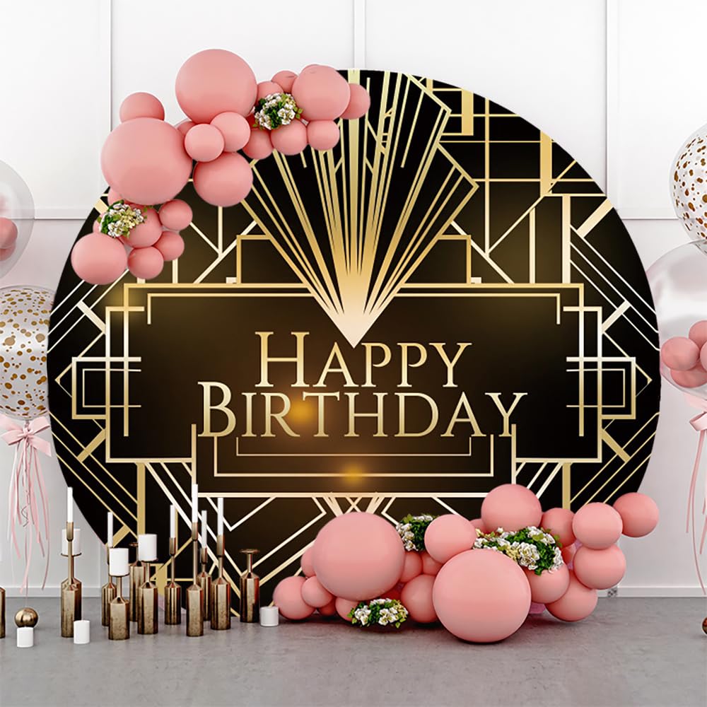 Renaiss Toile de fond ronde « Happy Birthday » - 2 x 2 m - Vintage - Doré, noir et doré - Pour photographie sur le thème des années 20 - 20