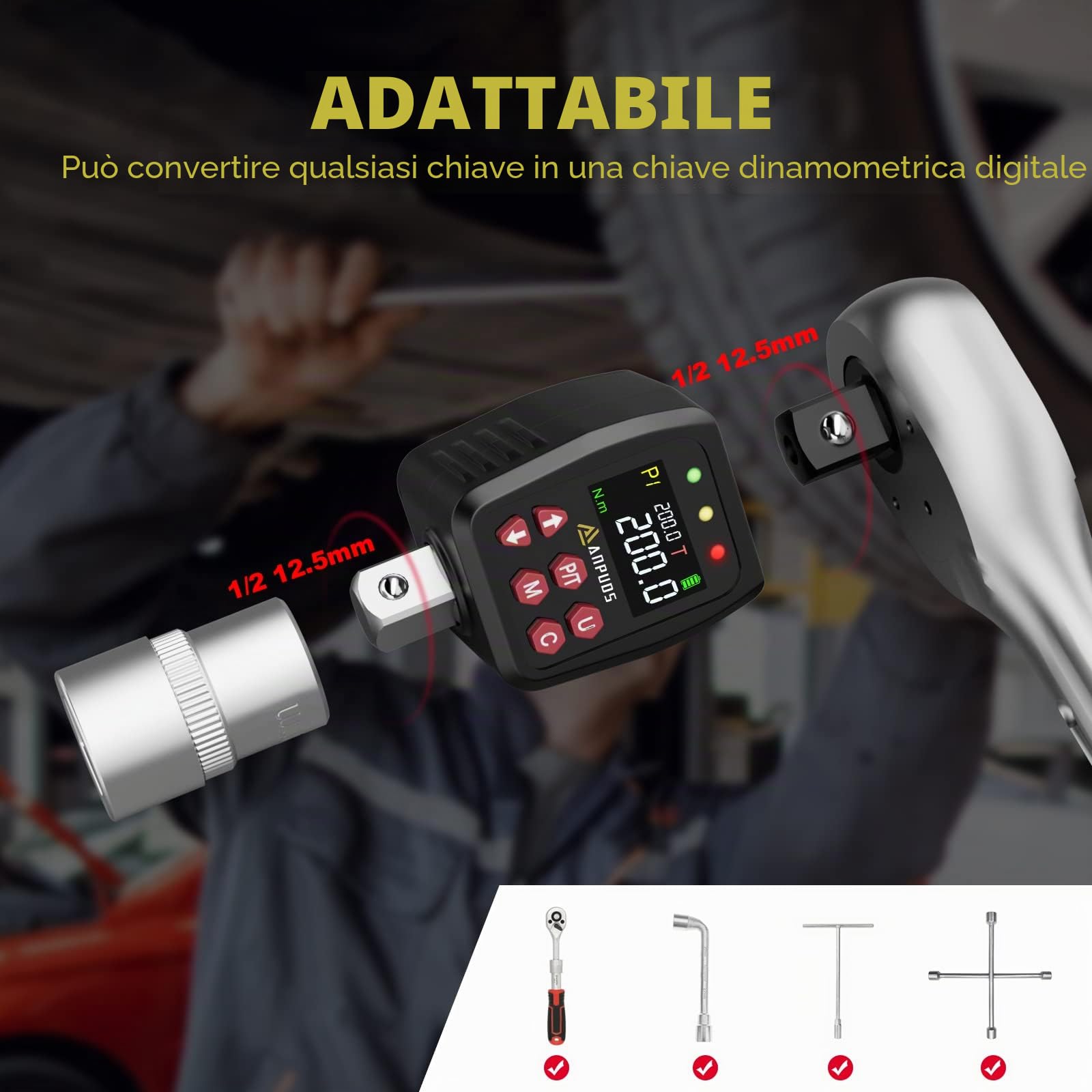 ANPUDS Adattatore Chiave Dinamometrica Digitale 1/2", 10-200Nm Chiave Dinamometrica con Alta Precisione ±1%, Preimpostata, Archivio Dati, Buzzer e Notifica LED, Adattatori da 1/4" 3/8" per Auto, Moto